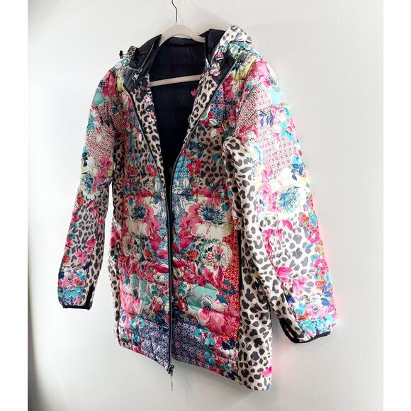 Johnny Was Lubello Reversible Full Zip Leopard Floral Puffer Jacket Black Large - Picture 10 of 13